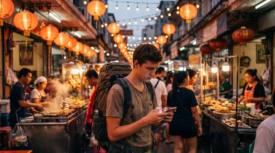 A young backpacker checking a smartphone in a busy Bangkok night market lit by glowing lanterns and food stalls