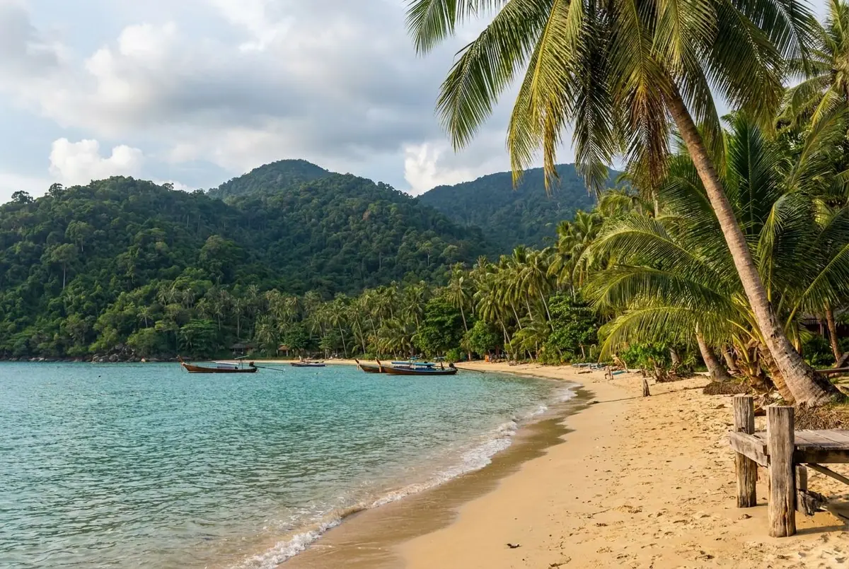 A calm palm-lined beach on Koh Chang island in eastern Thailand with jungle-covered mountains behind