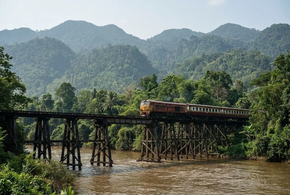 A train crossing a wooden viaduct over the River Kwai with jungle-covered hills in Kanchanaburi, western Thailand