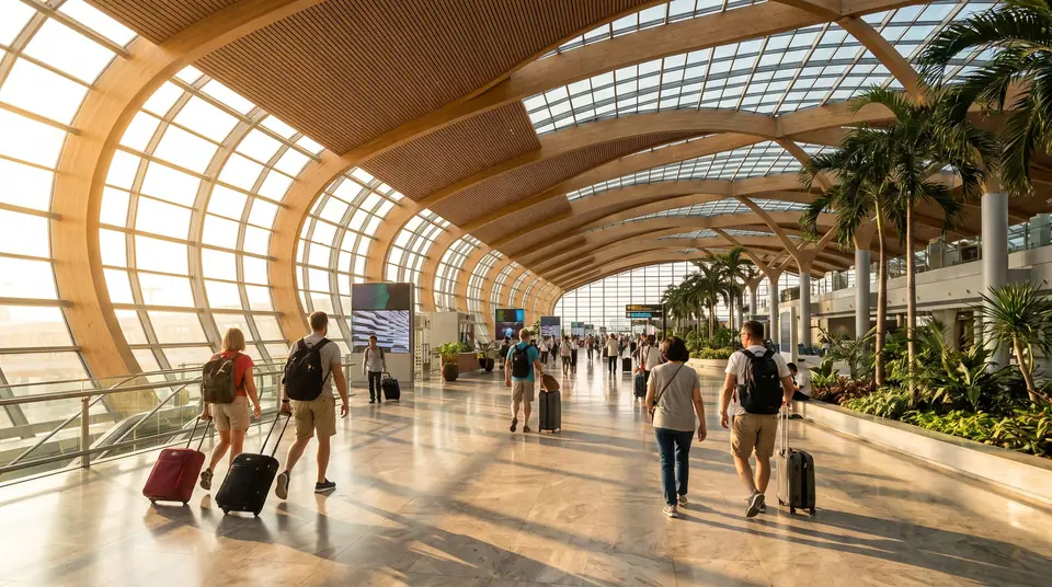 Travelers with suitcases walking through a bright, modern airport terminal in Thailand under a sweeping roof