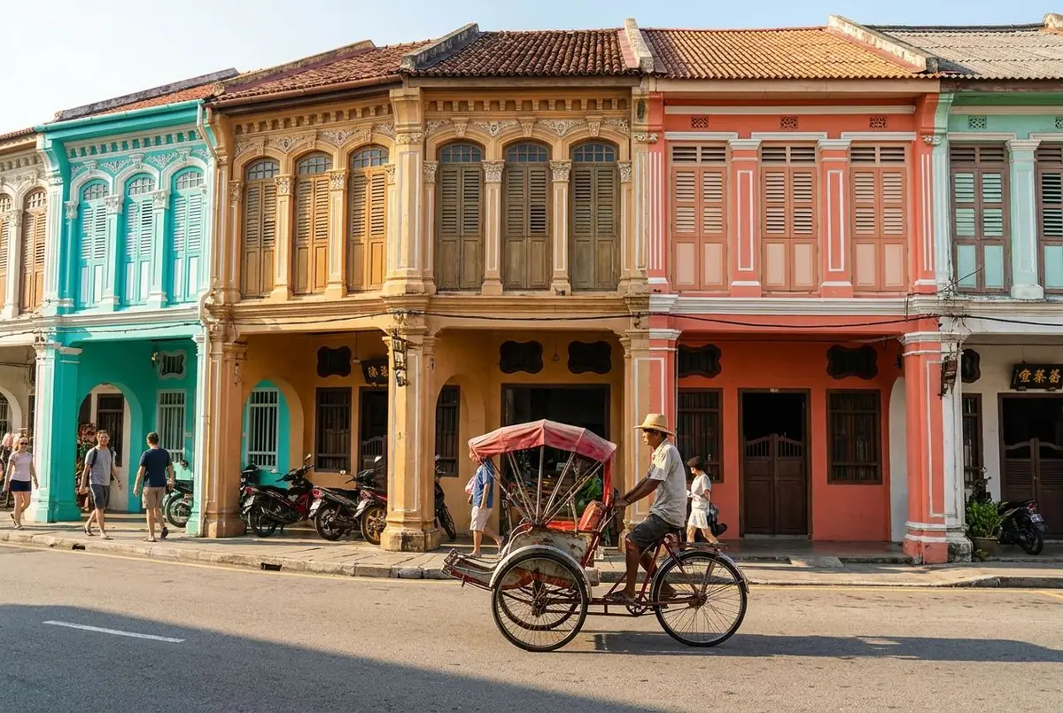 Colourful heritage shophouses on a street in George Town, Penang, with a trishaw passing