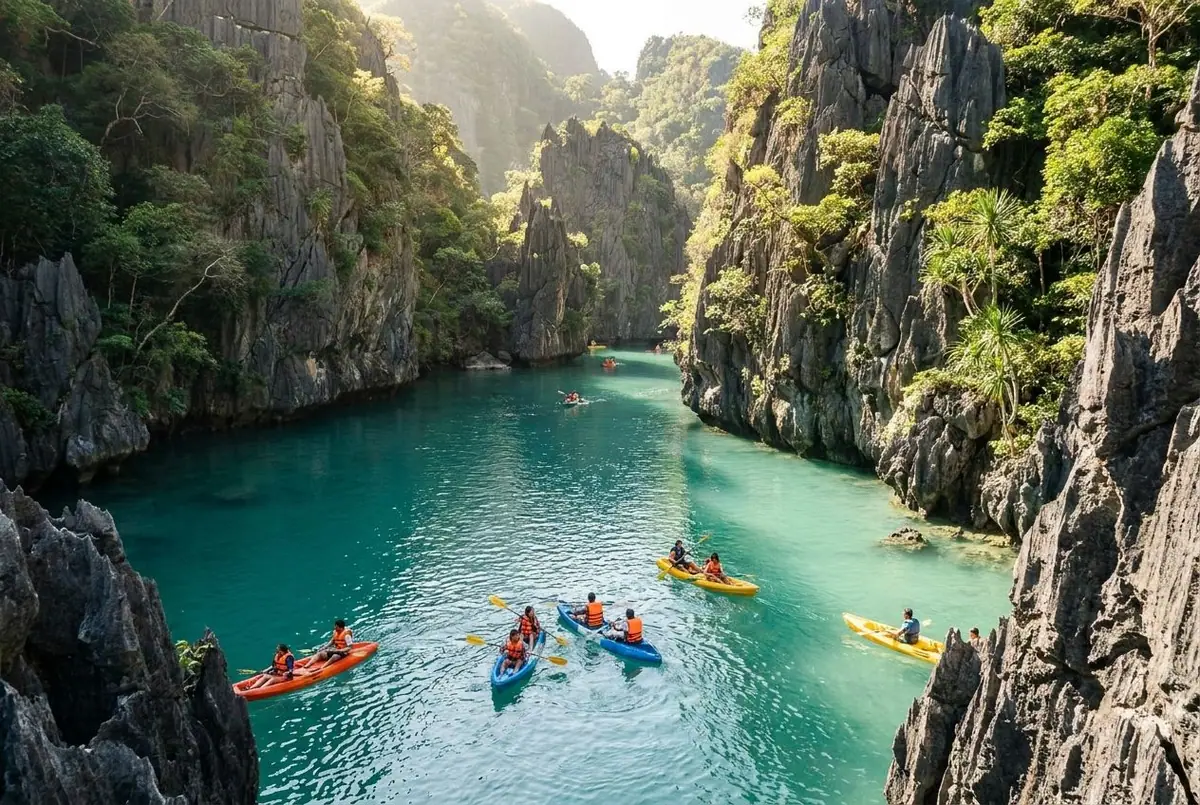A hidden lagoon with kayaks surrounded by limestone cliffs in El Nido, Palawan, the Philippines