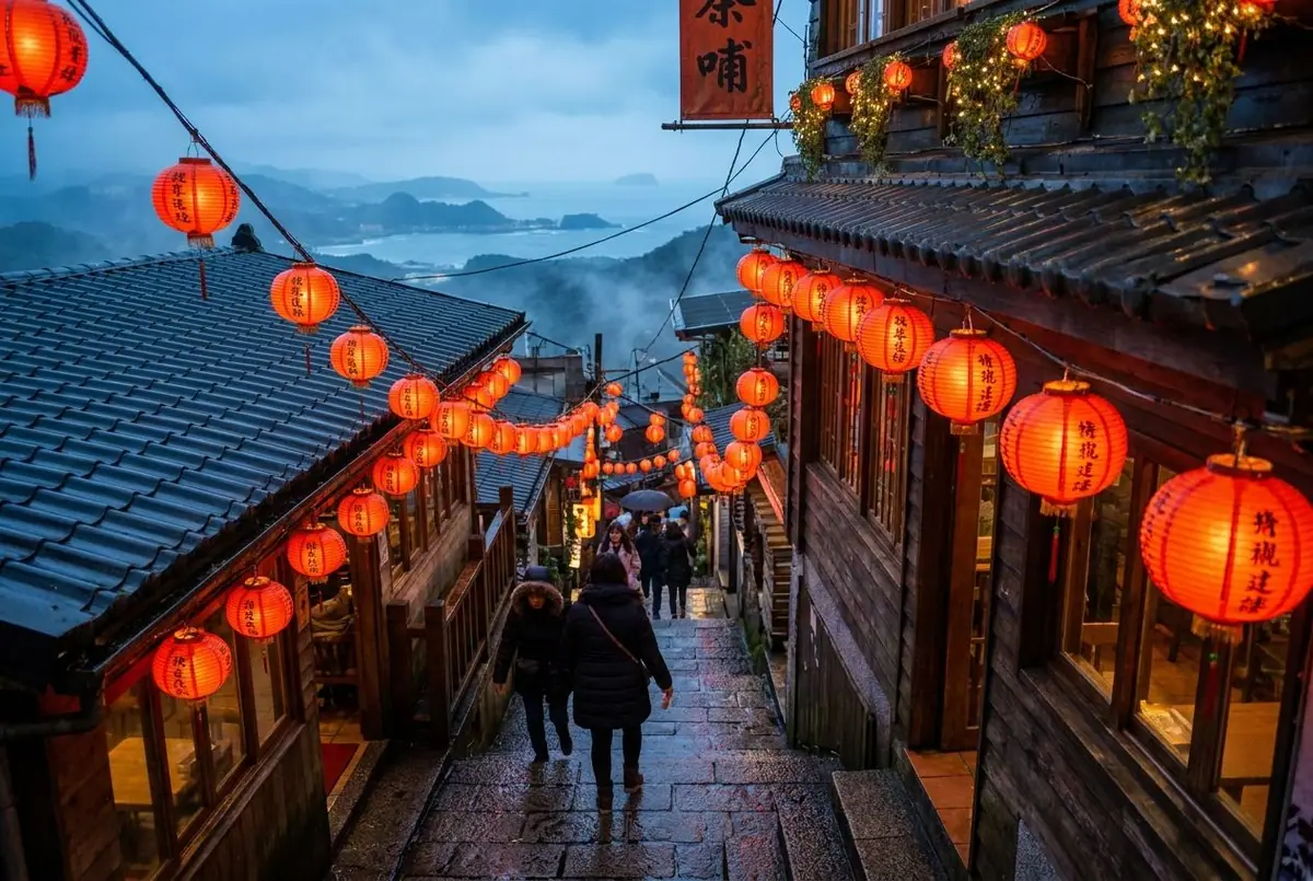 Red lanterns glowing along a hillside alley with teahouses in Jiufen, Taiwan, in the evening