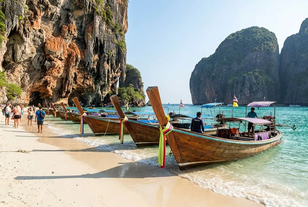 Long-tail boats on a turquoise beach below limestone cliffs in Krabi, Thailand