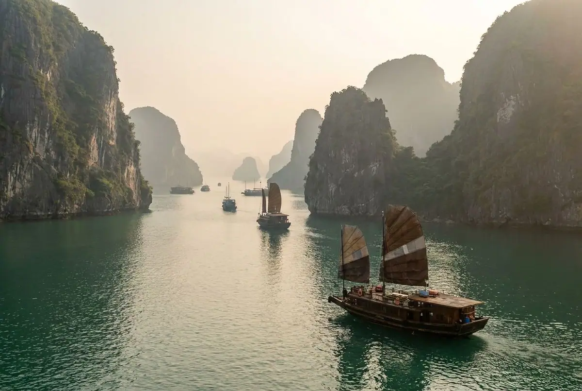 Traditional junk boats sailing among limestone islands in Ha Long Bay, Vietnam, in morning haze