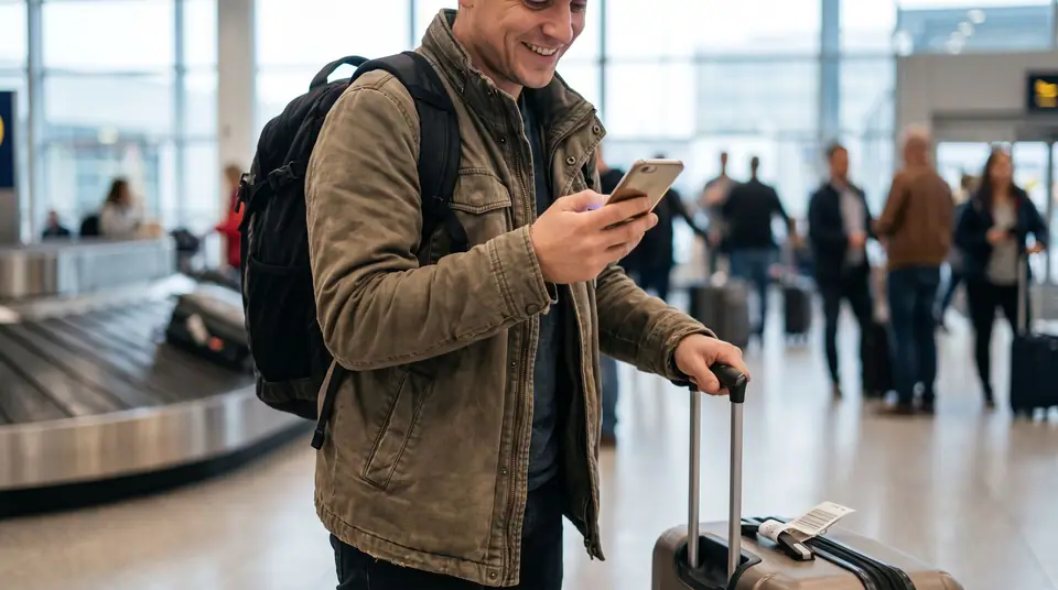 A traveler in an airport arrivals area holding a smartphone and looking relieved as it connects, a suitcase beside them