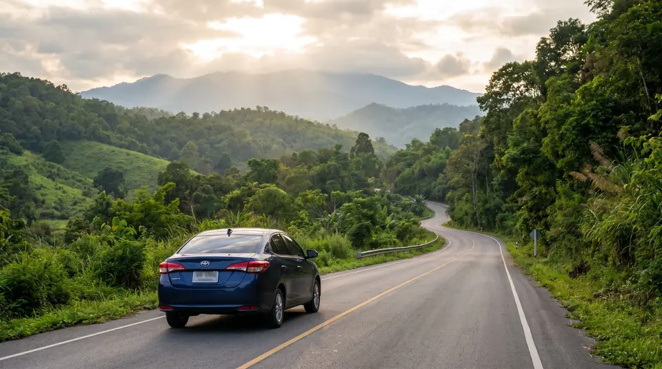 A dark blue car on a winding two-lane highway through green forested hills in northern Thailand, clouds over the mountains
