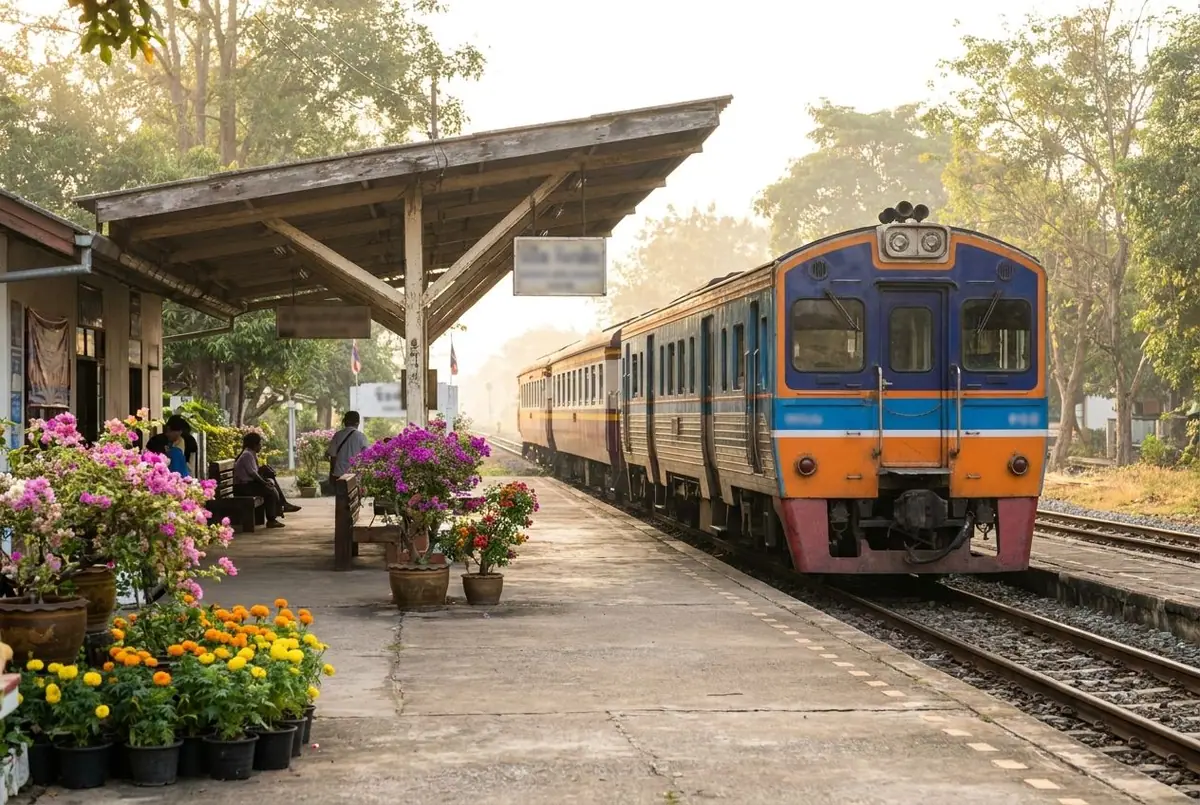 A blue and orange Thai passenger train waiting at a small rural station platform lined with potted flowers